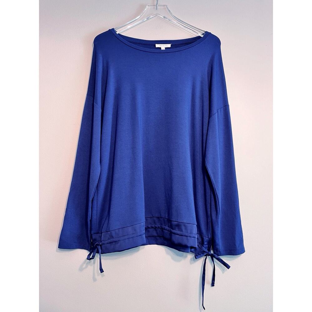 NWT Talbots Navy Blue Jersey Satin Trim Tie Hem Long Sleeve Shirt Size XL